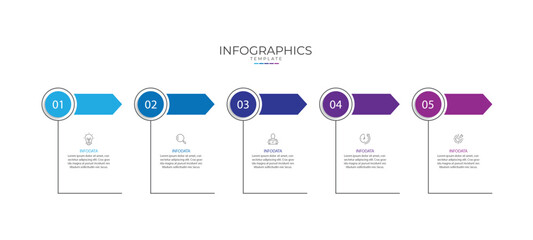 Design template infographic. 5 step process infographic element with icons can be used for workflow, business information and web graphic design 