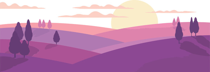 Naklejka premium Purple sunset landscape with rolling hills and stylized trees under soft pastel sky and sun