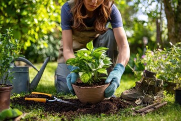 Young woman squatting on green lawn while planting an oxygen plant using gloves and trowel, full-body image in a lush garden with soft shadows and fresh soil around