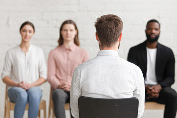 A man faces three seated people during a formal group interview or panel discussion in a bright, professional setting.