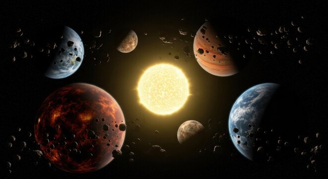 A diverse collection of exoplanets, from molten worlds to Earth-like planets, surrounding a central star within a dense asteroid field.