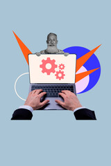 Pop zine sketch artwork collage of happy old businessman programmer peek laptop device hands type gearwheel optimization