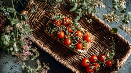 Flat lay of woven tray with open sandwich, cherry tomatoes, and garden herbs