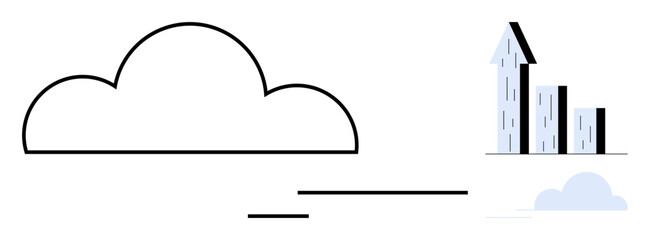 Cloud outline connected to a bar chart with upward trend, symbolizing data analytics, cloud computing, and growth. Ideal for business, technology, success, innovation, development marketing simple