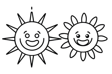 Funny cartoon sun illustration set with smiling face, bright summer sunbeams, and a happy sunlight symbol