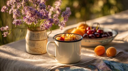 Golden hour glow on breakfast spread with enamel mug, fruit, and flowers in soft breeze
