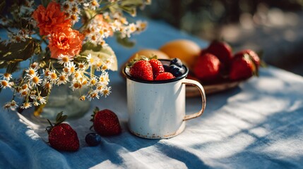 Golden hour glow on breakfast spread with enamel mug, fruit, and flowers in soft breeze