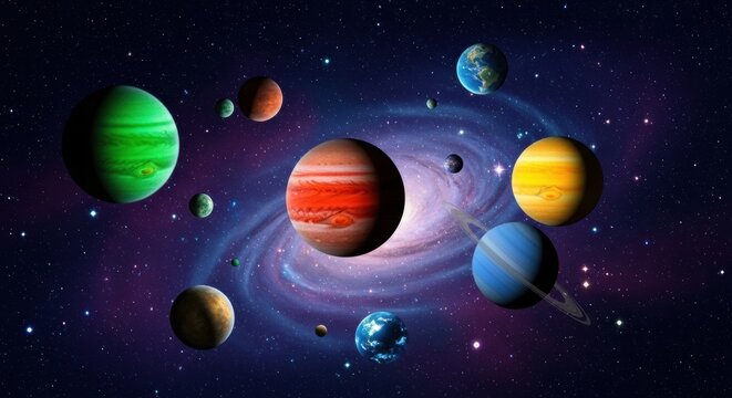 A colorful collection of real and imaginary planets, including Jupiter and Saturn, floating in front of a distant spiral galaxy.