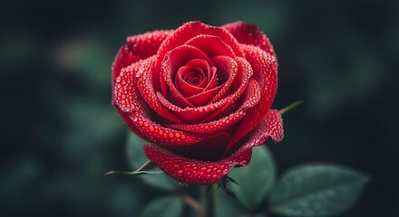 Vibrant red rose adorned with glistening water droplets in a garden setting