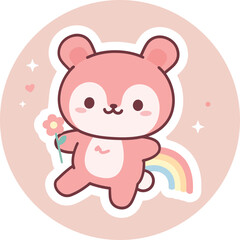 Fototapeta premium Cute pink bear cartoon character with flower and rainbow in circle background illustration