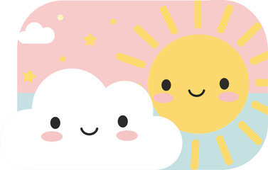 Cute smiling sun and cloud cartoon illustration with pastel colors and friendly expressions