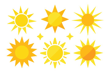 A vibrant collection of sun icons and vector illustrations symbolizing summer, nature, and sunny weather with radiant light and heat