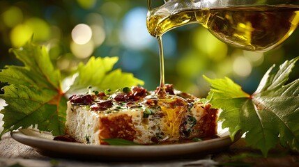 Olive oil drizzle over bread slice on sunlit table, surrounded by grape leaves