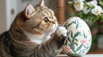 Curiously pawing cat with easter egg indoor play cute moment spring festival colorful environment funny bunny viewpoint