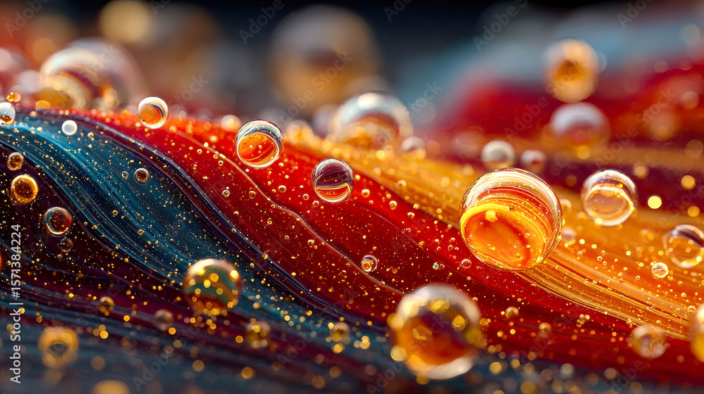 Poster a mesmerizing close-up of translucent orange and red gel bubbles with fine suspended particles, crea