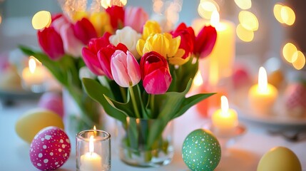 Celebrate easter with a festive table setting colorful eggs bunnies and floral arrangements for a vibrant festival atmosphere