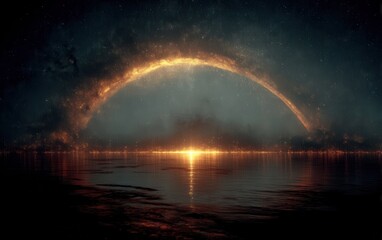 Cosmic halo shines over dark water, reflecting starlight into the night