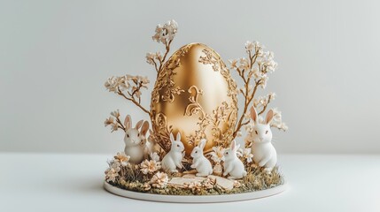 Easter festival celebration a giant golden egg surrounded by tiny bunnies in a colorful garden setting