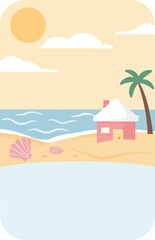 Fototapeta premium Tropical Beach Scene with Palm Tree and Hut under Sunny Sky and Calm Ocean Waves Illustration