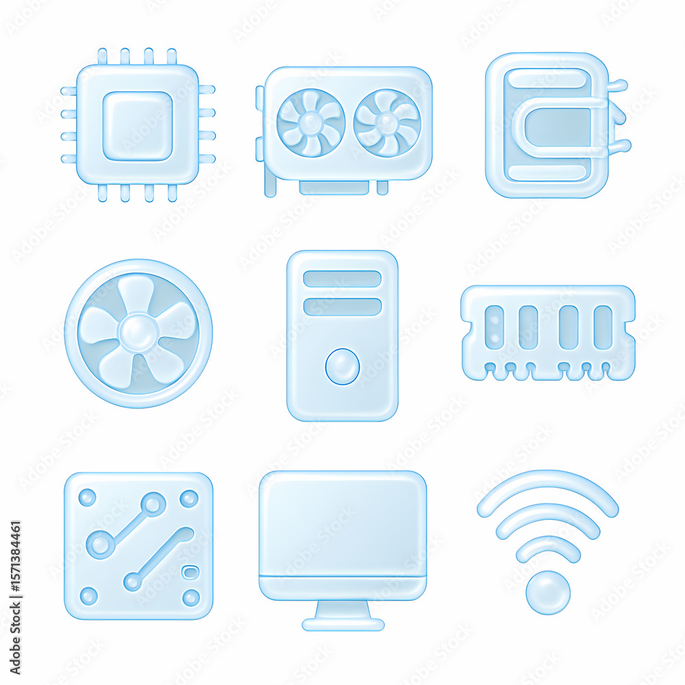 Poster computer component icon set a glossy collection for tech and design projects