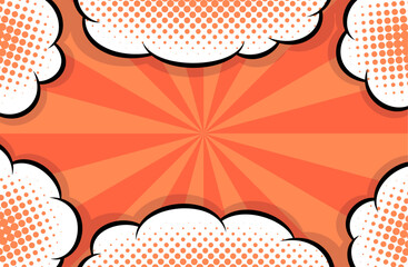 Cartoon-like pop and bright sunburst and clouds background. An eye-catching American comic book-like pop background with impactful red concentration lines.