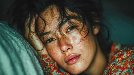 Close-up portrait of a young woman with natural freckles, tousled hair, and a contemplative expression, capturing an intimate and emotional moment.