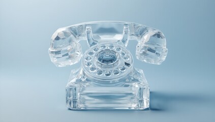 Clear decorative object resembling vintage rotary telephone on light blue background