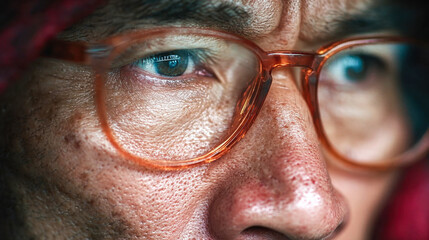 Macro shot of a man face wearing glasses, focusing on his eye with a detailed reflection in the lens, emphasizing concentration and texture
