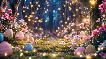 Easter festival with glowing eggs bunnies and colorful decorations in an enchanted nighttime forest