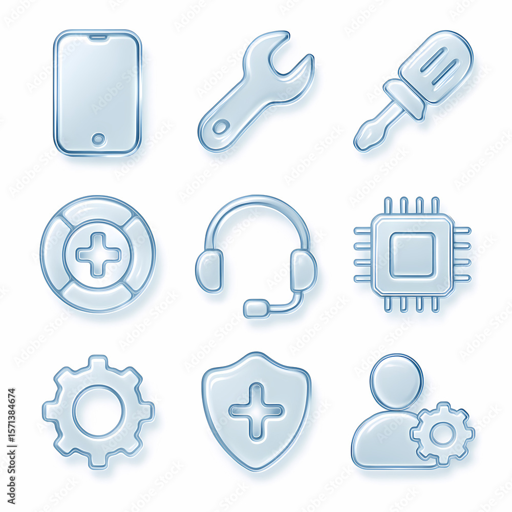 Poster assistance icon set technical support and service vector graphics for website and mobile application