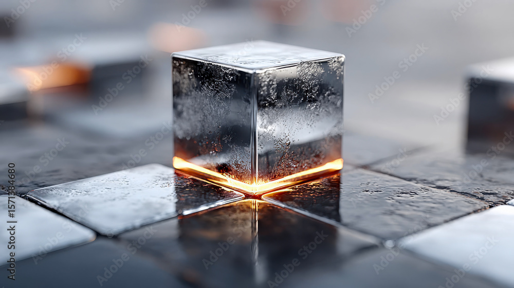 Poster abstract close-up of glossy and textured metallic cubes arranged in a grid, showcasing vibrant refle