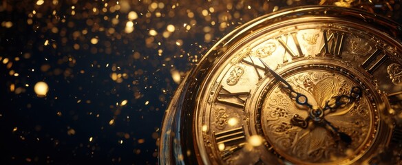 The vintage gold clock surrounded by dazzling sparkles and light.