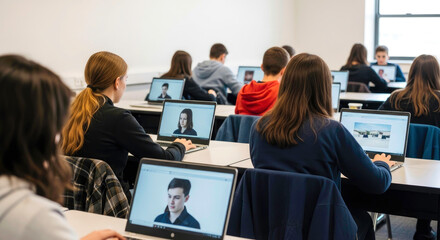 Focused Students Using Laptops in a Modern Classroom Setting