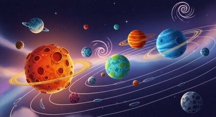 A vibrant and playful cartoon illustration of a make-believe solar system, with fun, colorful planets orbiting in a magical cosmic environment.