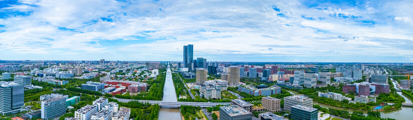 Panoramic aerial view of Shanghai Zhangjiang Hi Tech Development Zone on sunny day.