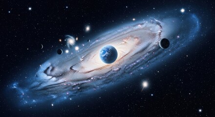 Obraz premium A surreal cosmic montage with Planet Earth at the heart of a vast spiral galaxy, surrounded by other worlds. A concept of our place in the universe.