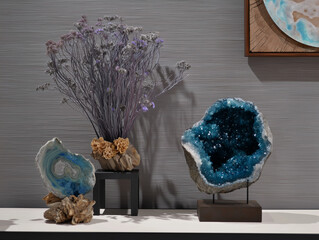Beautiful Blue Geode Crystal Display with Dried Flowers in a Modern Interior Setting