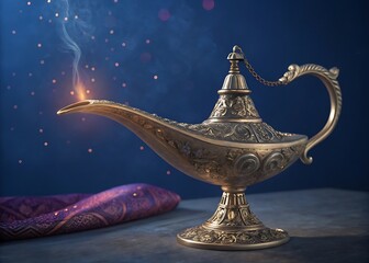 Intricately Detailed Aladdin Style Brass Lamp with Gradient Glow Against Navy Blue Background