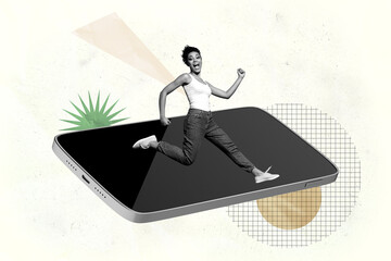 Zine 3d poster art collage of happy businesswoman businessman run phone screen workload tension...