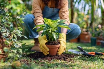 Full-body image of a woman standing on grass planting a pothos plant using gardening gloves and tools, surrounded by lush plants and soft shadows in bright daylight