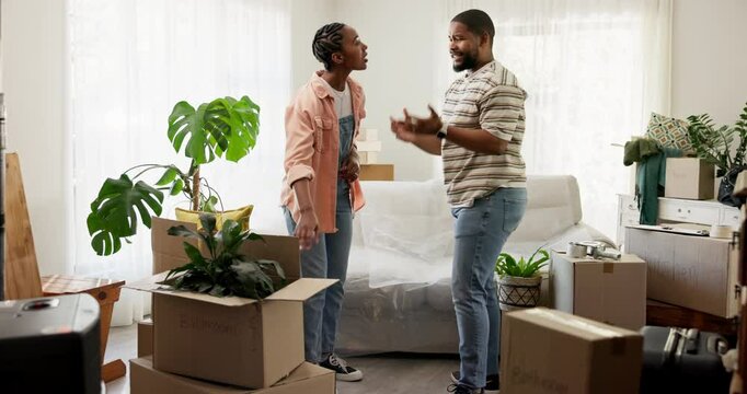 Moving in, boxes or couple with argument in new home for cargo mistake, delivery damage or angry. Frustrated, black people and fight for furniture shipping error, lost items and property relocation