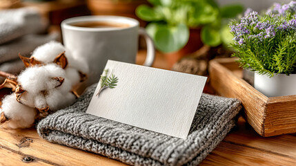 A blank, textured white business card placed on a golden surface, surrounded by dried flowers and green leaves in soft natural light