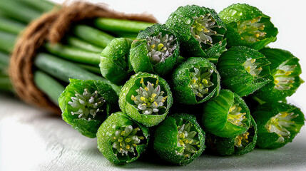 Freshly harvested bundle of green chives with small blossoming flowers, covered in morning dew, tied together with a rustic rope on a white background