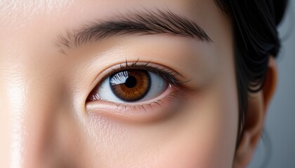 Soft Light Reflecting in Brown Eye with Detailed Eyelashes and Skin