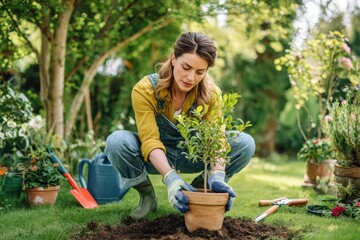 Full-body outdoor gardening scene showing a woman planting a pothos plant into a clay pot using her hands and gardening tools, surrounded by vibrant green plants and soft shadows