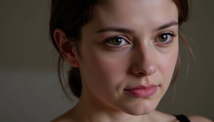 Close-Up Portrait of a Woman with Natural Makeup and Thoughtful Expression