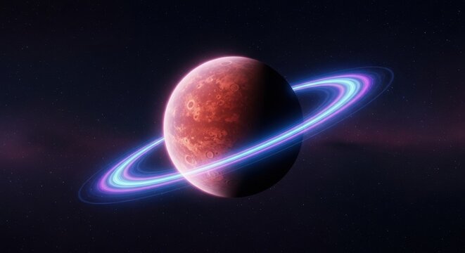 A fantasy exoplanet, a red, cratered world similar to Mars, encircled by beautiful, glowing purple and blue rings in deep space.