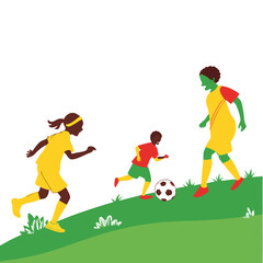 Silhouette of Family Playing Soccer on a Green Hill