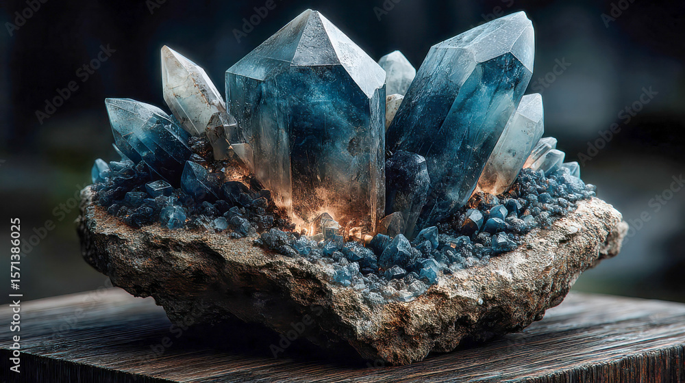 Poster a striking mineral stone cluster with large, sharp blue crystals emerging from a rocky base, illumin