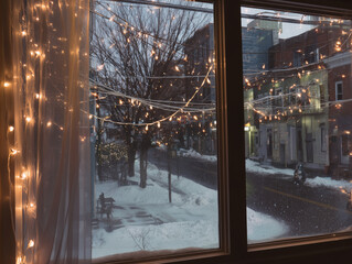 Winter City Window Scene with Snow and String Lights
